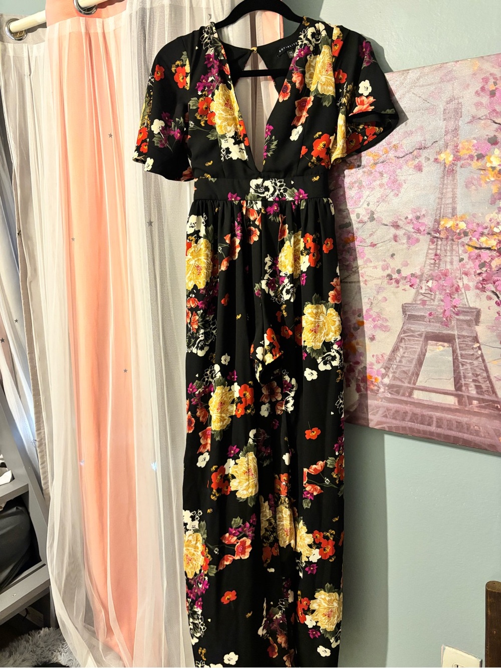 Socialite Black Floral V-Neck Maxi Dress with Yellow & Pink Blooms